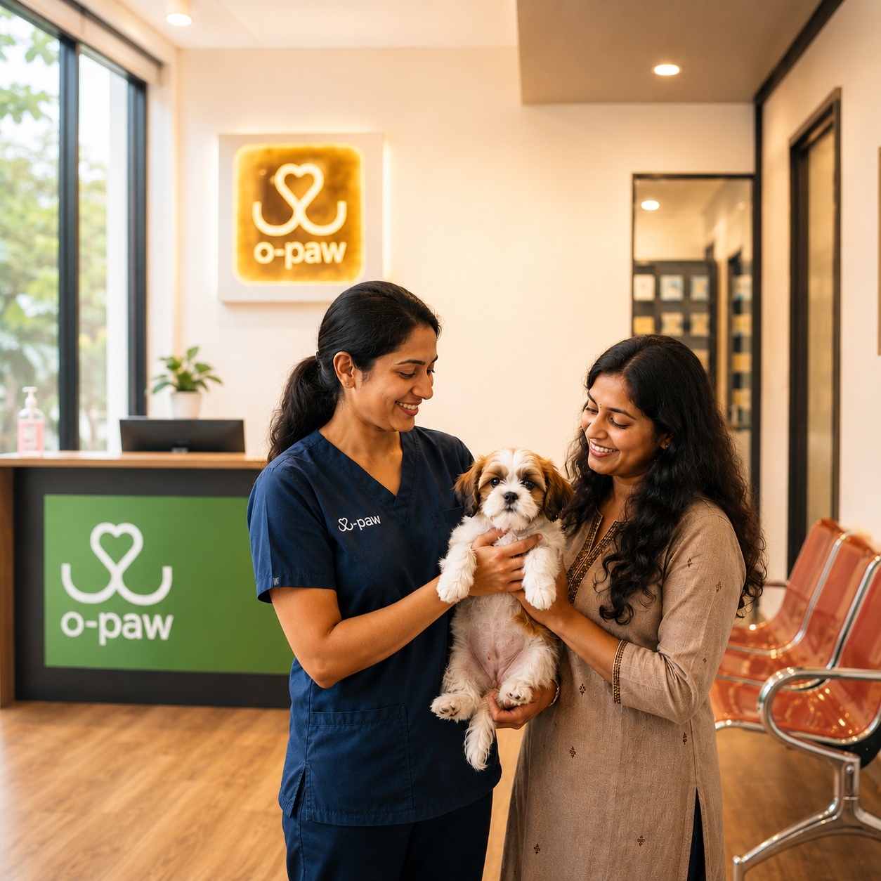 Caring veterinarian doctor holding pet dog with smiling parent close by inside modern O-paw hospital